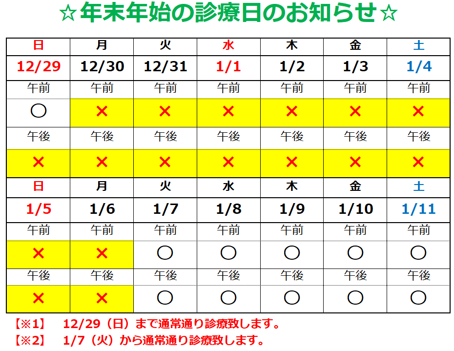 年末年始の診療の日程